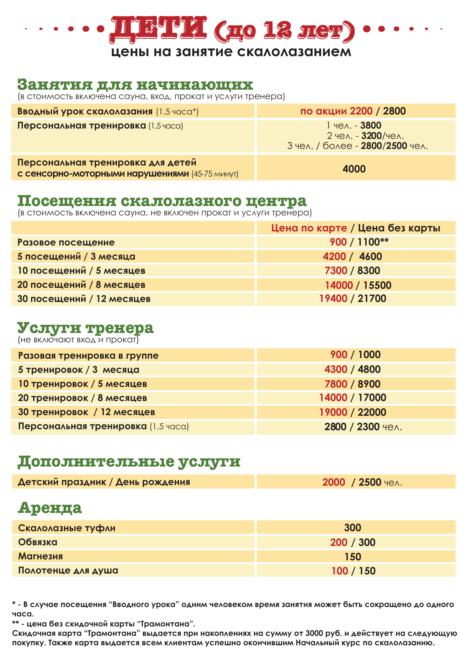 Прайс на занятия скалолазанием для детей до 12 лет, июль 2026